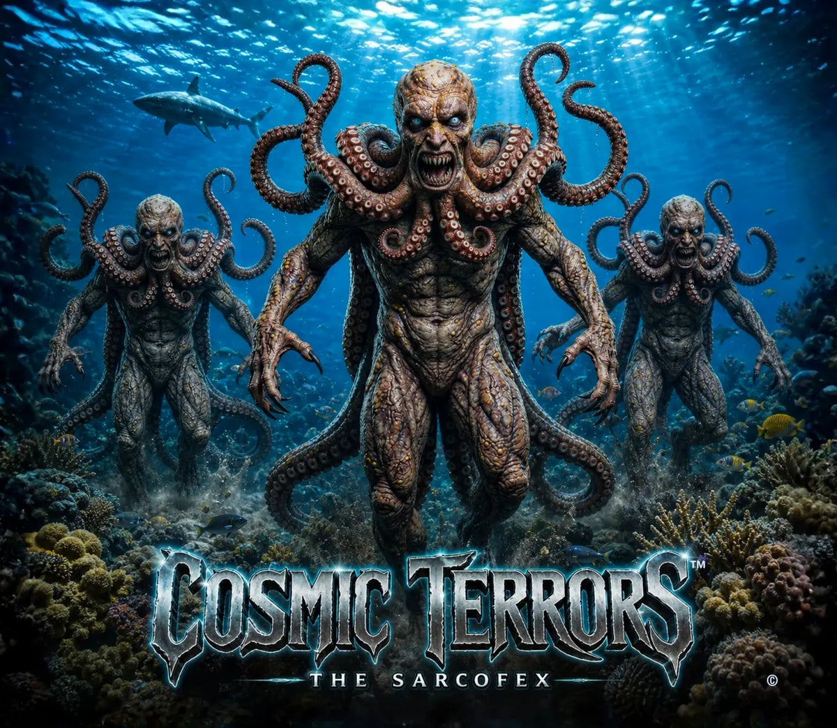 Cosmic Terrors™ - The Sarcofex Submerged artwork featuring tentacled humanoids rising from an alien ocean