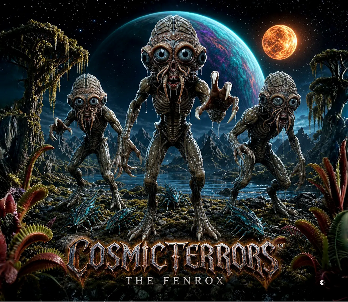 Cosmic Terrors™ - The Fenrox artwork featuring wide-eyed tentacle-mouthed aliens in an alien wetland under a blood moon