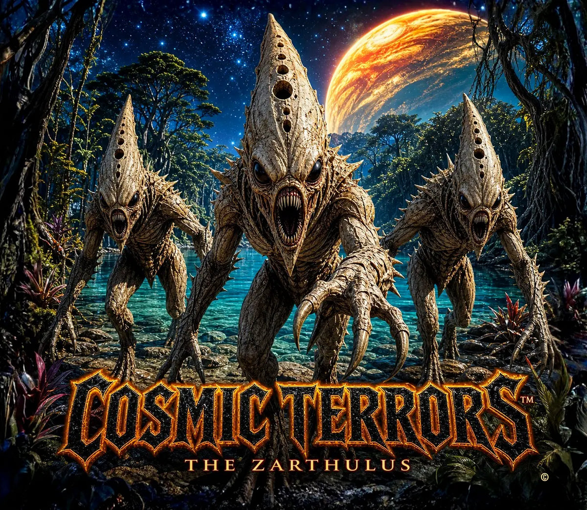 Cosmic Terrors™ - The Zarthulus artwork featuring cone-headed alien creatures emerging from an alien swamp