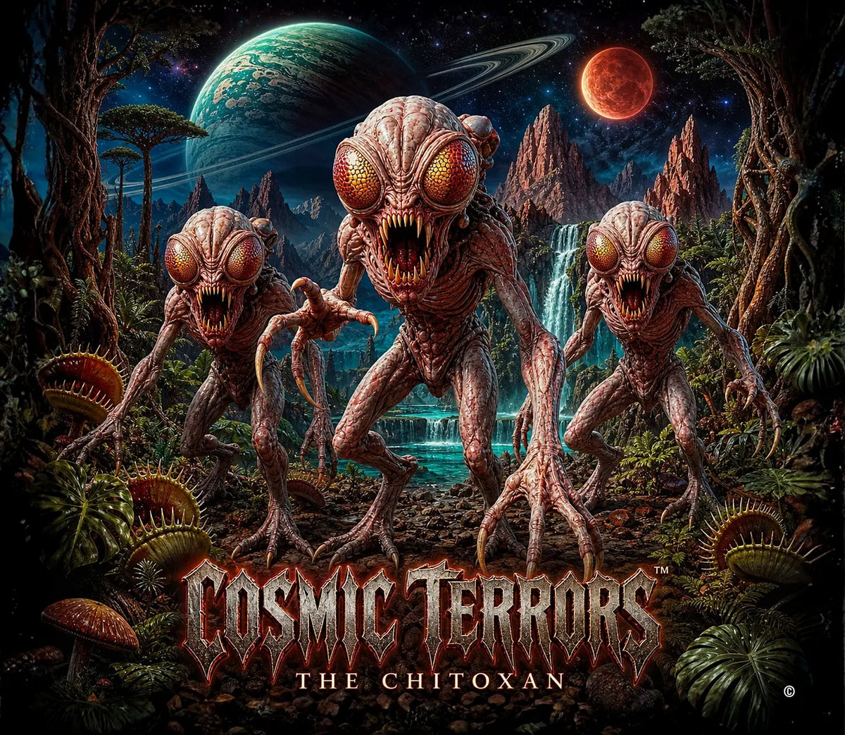 Cosmic Terrors™ - The Chitoxan artwork featuring glowing compound-eyed insectoid aliens in an alien jungle under a blood moon