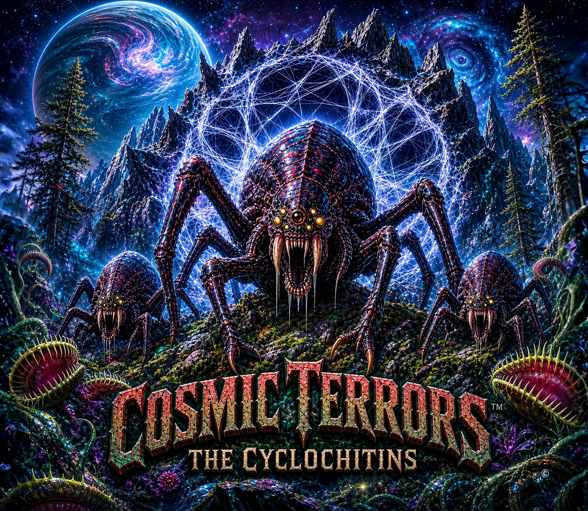 Cosmic Terrors™ - The Cyclochitins artwork featuring massive cosmic spiders in a glowing forest landscape