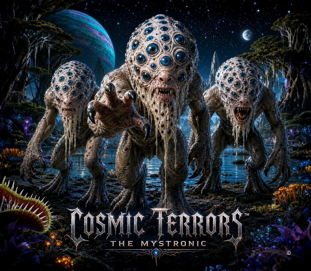 Cosmic Terrors™ - The Mystronic artwork featuring multi-eyed dome-headed aliens in an alien wetland