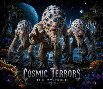 Cosmic Terrors™ - The Mystronic artwork featuring multi-eyed dome-headed aliens in an alien wetland