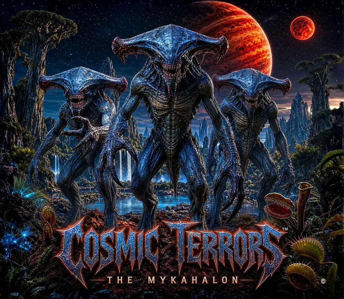 Cosmic Terrors™ - The Mykahalon artwork featuring horned blue armored aliens in an alien landscape under a burning sky