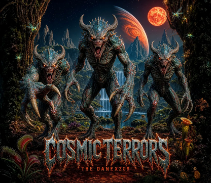 Cosmic Terrors™ - The Danexzor artwork featuring horned spiked dragon-demon aliens in an alien jungle under a blood moon