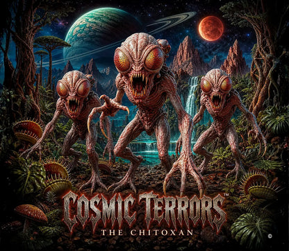 Cosmic Terrors™ - The Chitoxan artwork featuring glowing compound-eyed insectoid aliens in an alien jungle under a blood moon