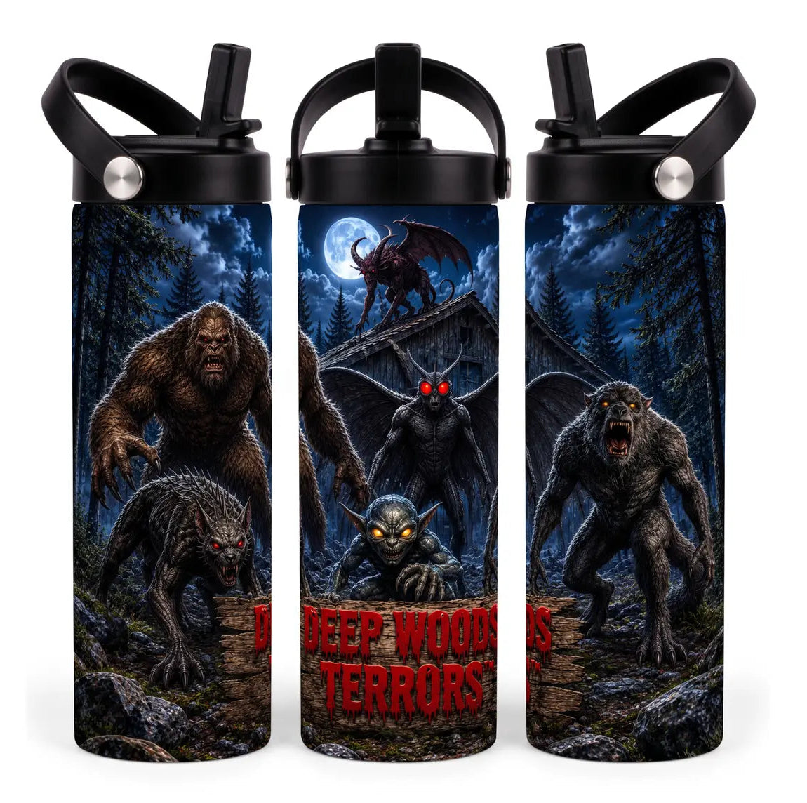 Three views of the Deep Woods Terrors Exclusive 20oz skinny tumbler with cryptids in a moonlit forest