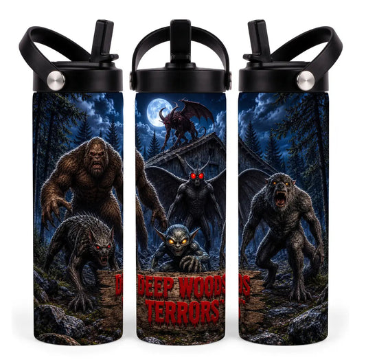 Three views of the Deep Woods Terrors Exclusive 20oz skinny tumbler with cryptids in a moonlit forest