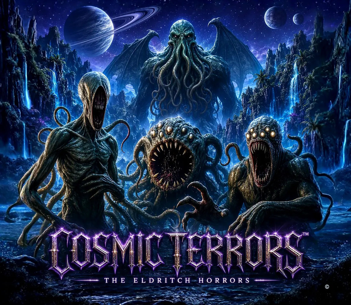 Cosmic Terrors™ - The Eldritch Horrors artwork featuring three eldritch monsters under a cosmic sky