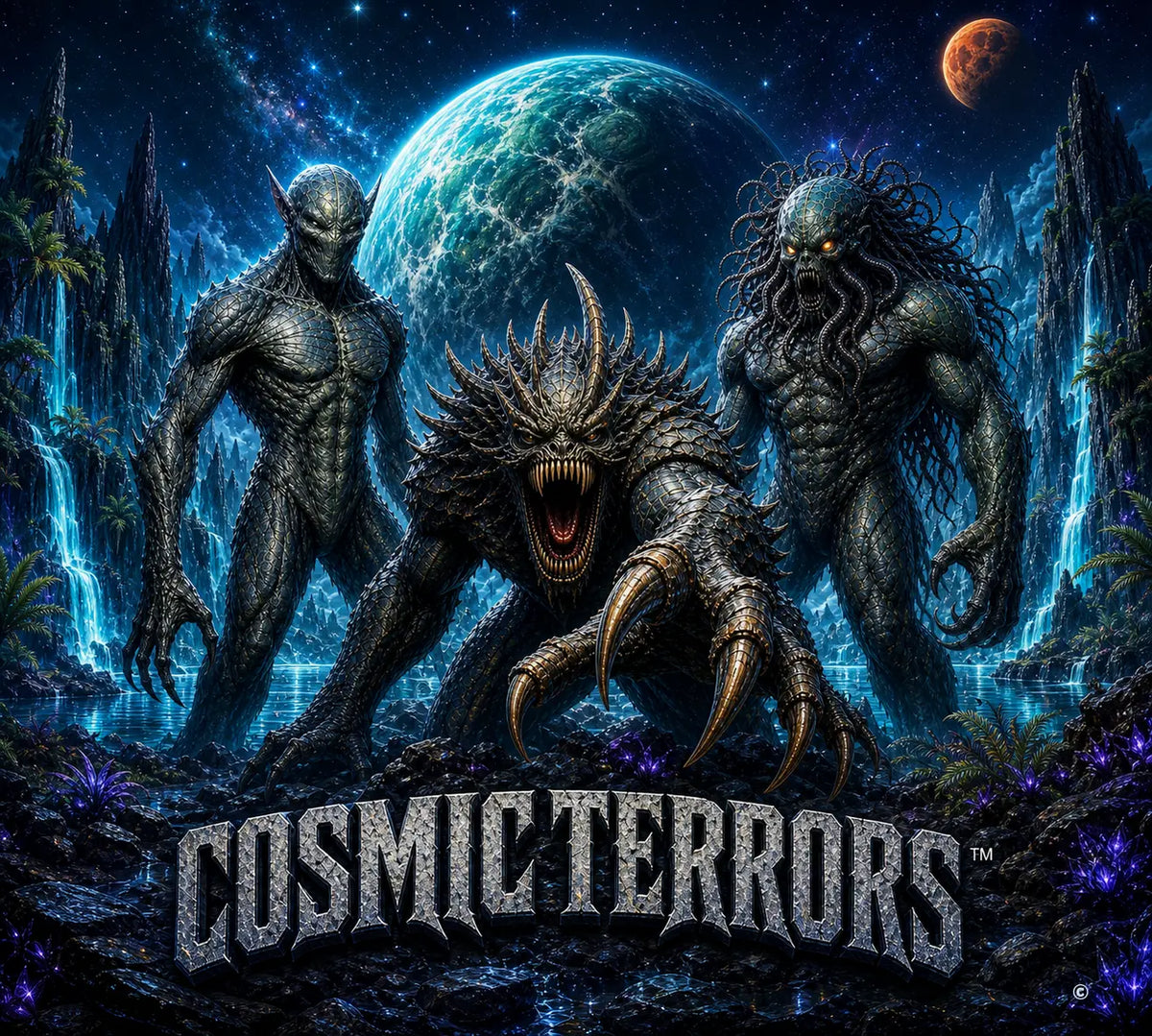 Cosmic Terrors™ exclusive collection artwork featuring three cosmic horror creatures