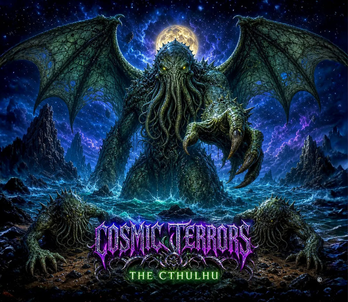 Cosmic Terrors™ - The Cthulhu artwork featuring the Great Old One rising from the ocean under a full moon